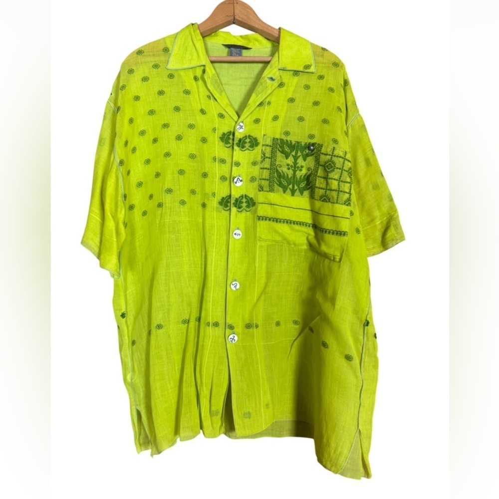 Paul Ropp neon green embroidered cotton short sleeve shirt Size Large